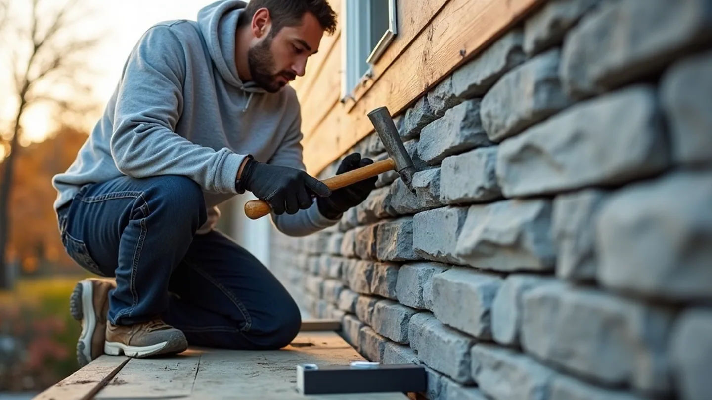 A siding contractor kneeling on a scaffold plank driving a nail through the top edge of a grey stacked stone veneer panel with completed courses below and exposed sheathing above